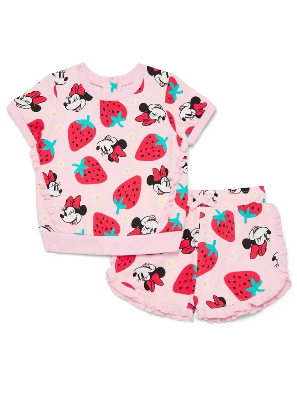Disney  Minnie Mouse Pink & Strawberry Print Ruffle Shirt And Shorts 2 Piece